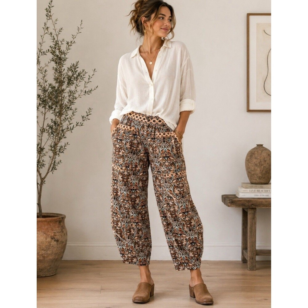 Anthropologie Print Tapestry Barrel Corduroy Pants Boho Artsy Size 14 $125